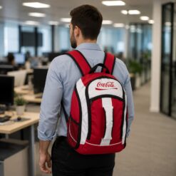 Homem em ambiente corporativo usando bolsa mochila personalizada da Coca-Cola.