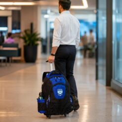 Homem usando mochila de rodinhas executiva