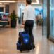 Homem usando mochila de rodinhas executiva