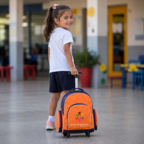 Criança usando mochila infantil de rodinhas.
