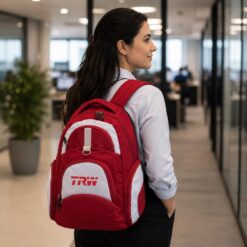 Mulher usando mochila de nylon oxford personalizada em ambiente corporativo.