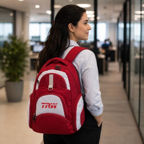Mulher usando mochila de nylon oxford personalizada em ambiente corporativo.
