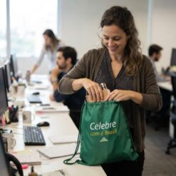 Mulher procurando equipamentos de trabalho dentro de uma mochila saco verde
