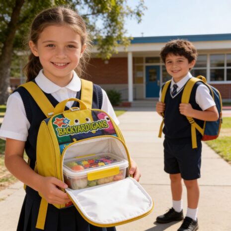 criança pequena usando mochila térmica amarela na escola com alimentos