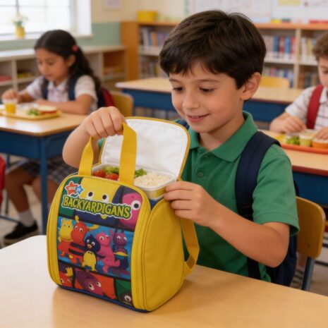criança pequena usando mochila térmica amarela na sala de aula