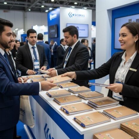 bloco-de-anotacoes-com-caneta-personalizado-brindes-sp (2) Promotores distribuem o Bloco de Anotações Com Caneta Personalizado em um estande de feira.