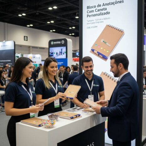 bloco-de-anotacoes-com-caneta-personalizado-brindes-sp (3) Close do Bloco de Anotações Com Caneta Personalizado, exibindo o logo e post-its coloridos.