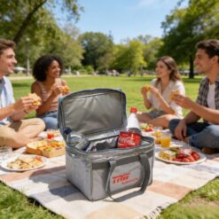 Bolsa térmica para alimentos em destaque na fotografia, a bolsa está em cima de uma toalha de piquenique e as pessoas se reúnem em volta dessa toalha