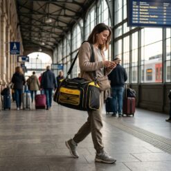 Mulher caminhando em terminal rodoviário com uma bolsa de viagem pendurada no corpo.
