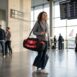 Mulher andando em aeroporto com mala de rodinha e bolsa de viagem.