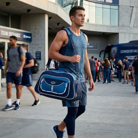 Homem saindo de academia com uma bolsa de viagem esportiva azul pendurada no ombro.