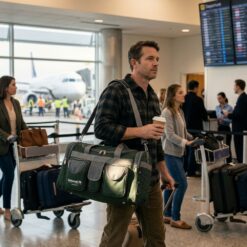 Homem caminhando em terminal de aeroporto com bolsa de viagem verde escura pendurada no corpo.