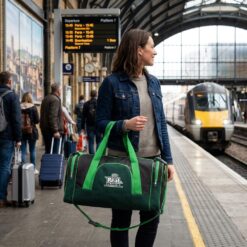 Mulher em estação de metro, segurando uma bolsa de viagem verde na mão.
