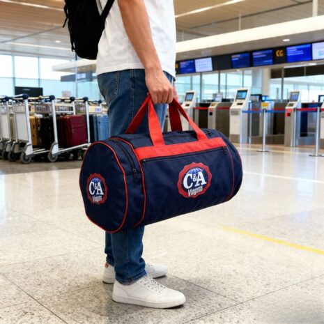Homem em aeroporto segurando bolsa de viagem redonda na mão.