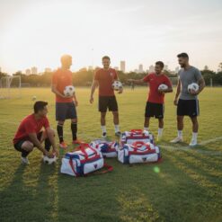 Time de futebol reunido em volta de suas boldas personalizadas.