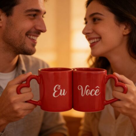 Casal olhando nos olhos enquanto brinda com uma caneca dupla com alça de coração