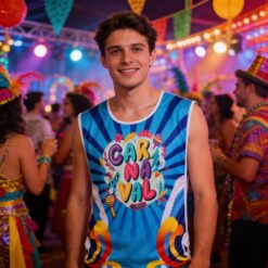 Homem em festa de carnaval usando abadá personalizado.