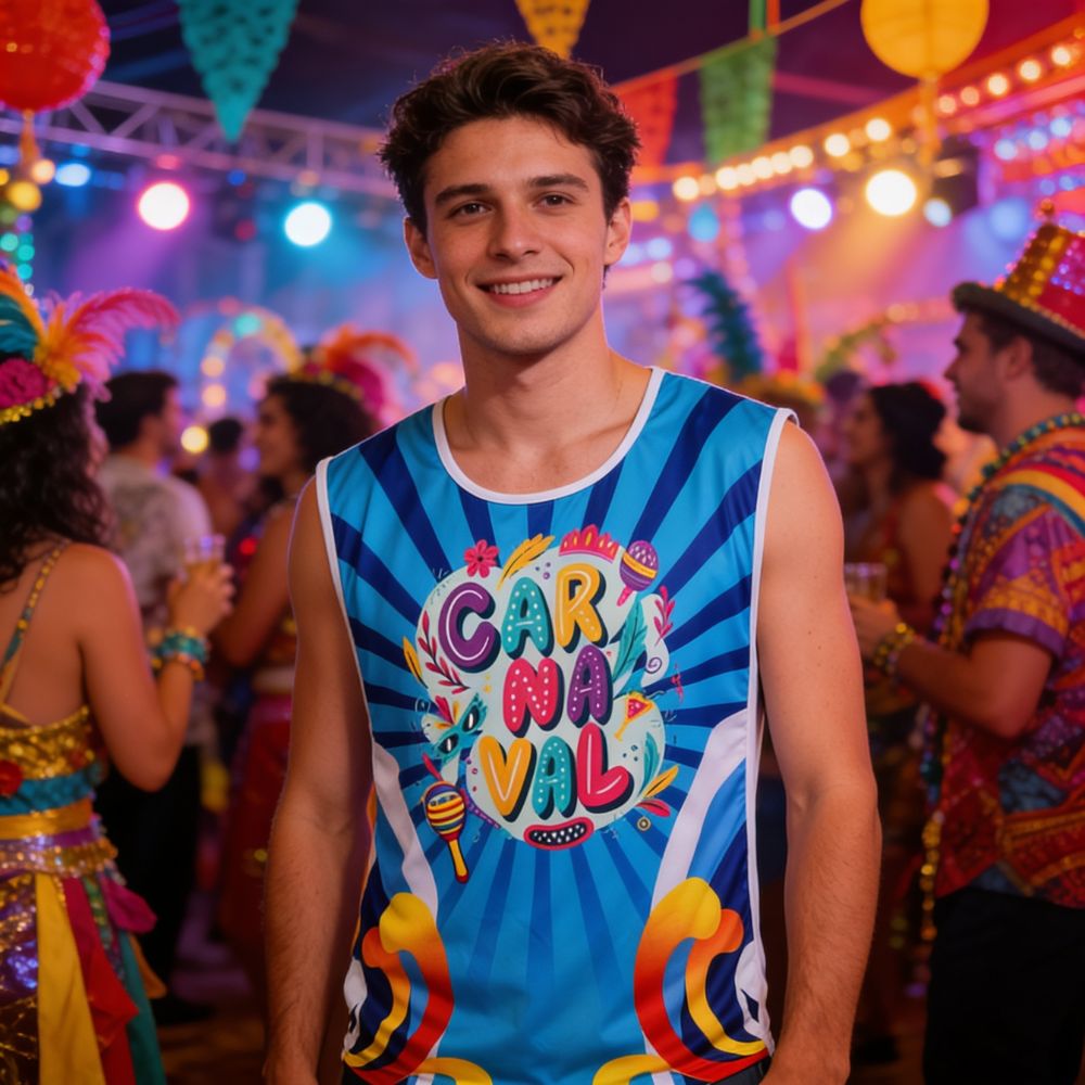 Homem em festa de carnaval usando abadá personalizado.
