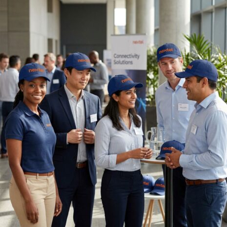 Representantes Nextel vestidos com uniforme azul e boné da marca, conversando entre si.