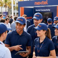 Representantes Nextel vestidos com uniforme azul escuro e boné da marca, eles conversam entre si.