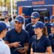 Representantes Nextel vestidos com uniforme azul escuro e boné da marca, eles conversam entre si.