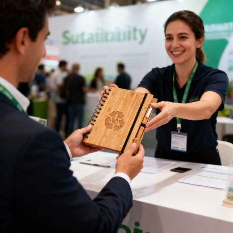 bloco-de-anotacoes-ecologico-personalizado-brindes-sp (1) Uma promotora de camisa polo entrega um Bloco de Anotações Ecológico Personalizado de bambu a um participante em um estande de eventos corporativos.