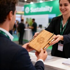 Um homem recebe um Bloco de Anotações Ecológico Personalizado de bambu das mãos de uma promotora sorridente em uma feira de negócios.