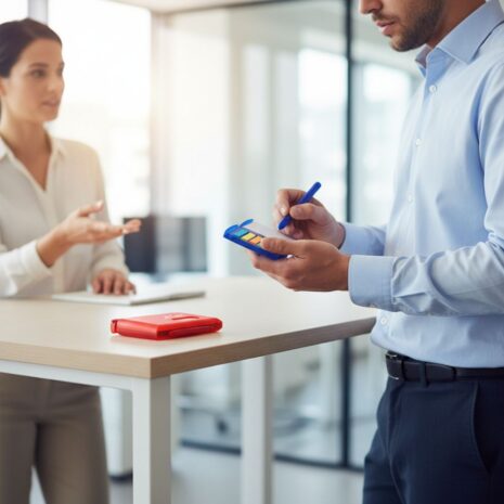 bloco-de-anotacoes-personalizado-para-empresa-brindes-sp (1) Profissional no escritório escrevendo em seu bloco de anotações personalizado para empresa azul. Na mesa, a versão vermelha destaca seu formato de bolso.