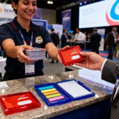 Funcionária entregando um bloco de anotações personalizado para empresa em um evento corporativo. No balcão, o produto é exibido aberto e fechado.