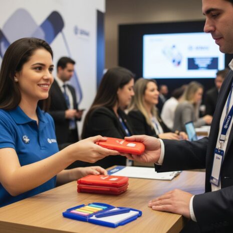 bloco-de-anotacoes-personalizado-para-empresa-brindes-sp Entrega do bloco de anotações personalizado para empresa durante uma feira de negócios, destacando o modelo vermelho fechado e o azul aberto com post-its.