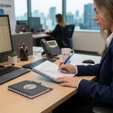 caderno-de-anotacao-personalizado-brindes-sp (1) Uma profissional escreve em um bloco de notas em sua mesa, ao lado de um monitor e de um caderno de anotação personalizado preto com a marca Elite.