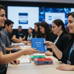 Uma funcionária de evento entrega um caderno de anotação personalizado azul com a marca Elite para uma participante sorridente.
