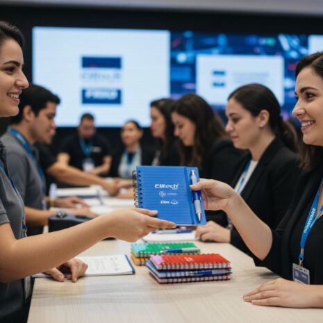 caderno-de-anotacao-personalizado-brindes-sp (2) Uma funcionária de evento entrega um caderno de anotação personalizado azul com a marca Elite para uma participante sorridente.