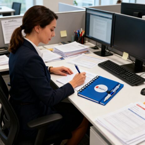 caderno-de-anotacao-personalizado-brindes-sp Uma funcionária escreve em seu cubículo, com um monitor duplo e um caderno de anotação personalizado azul com a marca Elite e caneta presa ao lado.