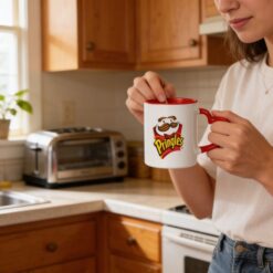 Mulher mexendo liquido dentro de uma caneca personalizada com alça de coração