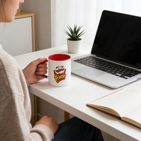 Mulher mexendo em notebook enquanto segura uma caneca personalizada com alça de coração