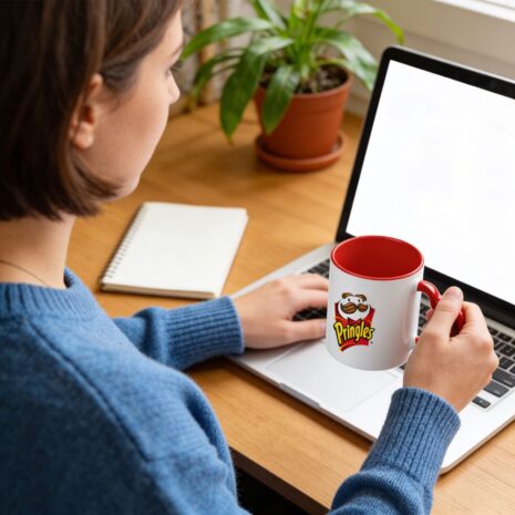 Mulher mexendo em notebook enquanto segura uma caneca personalizada com alça de coração