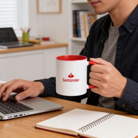 Homem trabalhando em notebook, enquanto segura uma caneca bicolor, branco e vermelho, na outra mão.