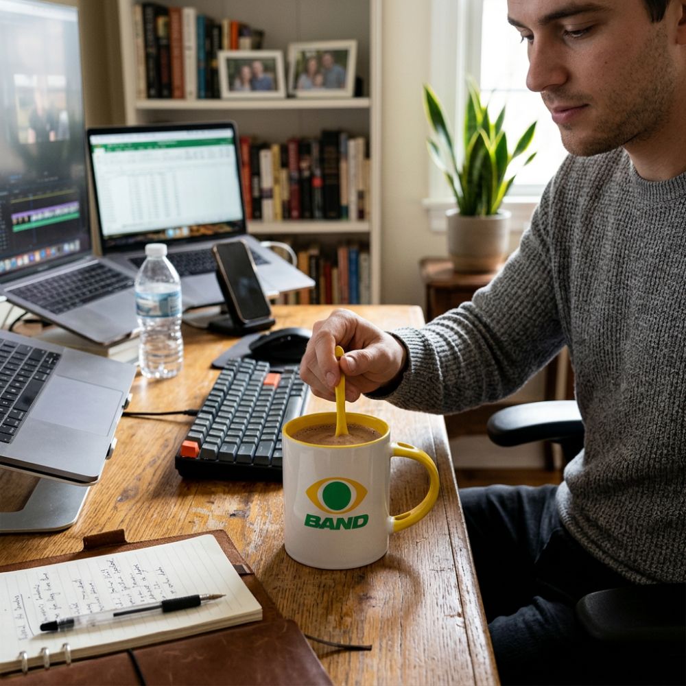 Homem mexendo café dentro de caneca com uma colher amarela.