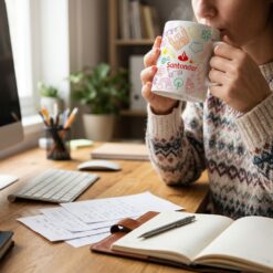 Mulher tomando café em caneca de porcelana com desenhos coloridos.