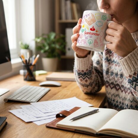 Mulher tomando café em caneca de porcelana com desenhos coloridos.