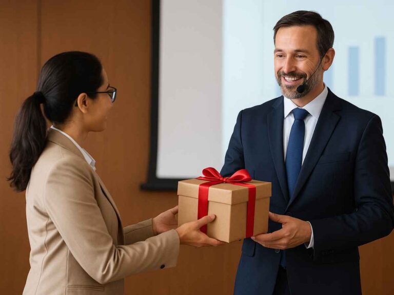 Mulher entregando um presente embrulhado com laço vermelho para um palestrante em um evento corporativo. O palestrante, usando terno e microfone de cabeça, sorri ao receber o brinde como forma de agradecimento pela sua participação e contribuição no evento.