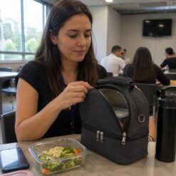 Mulher abrindo sua bolsa térmica de marmita em refeitório de empresa para pegar seu lanche.