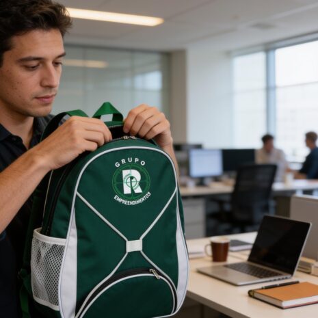 Homem sentado apoiando mochila verde no colo para pegar seus materiais de trabalho.