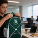 Homem sentado apoiando mochila verde no colo para pegar seus materiais de trabalho.