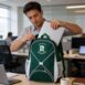 Homem apoiando mochila verde em cima da mesa do escritório para pegar seu notebook.