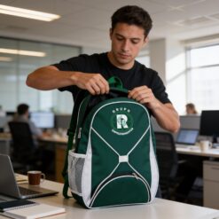 Homem apoiando mochila verde em cima da mesa do escritório para pegar seus materiais de trabalho.