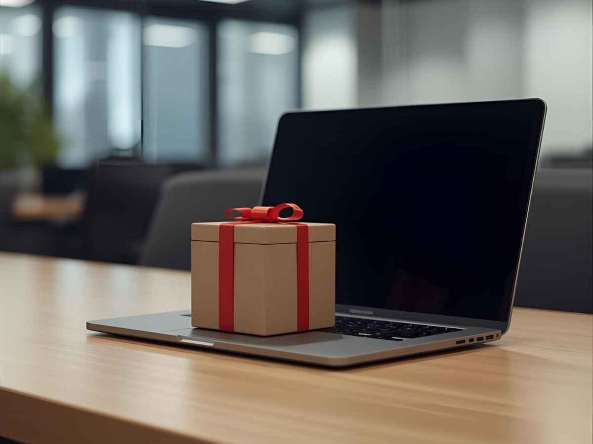 Presente com laço vermelho sobre um notebook em uma mesa de escritório