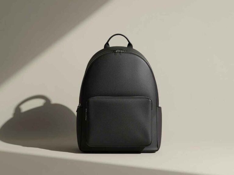 Mochila preta com bolso frontal posicionada em fundo neutro com iluminação lateral e sombra projetada.