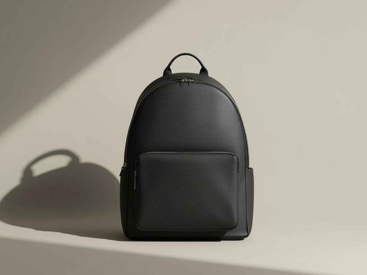 Mochila preta com bolso frontal posicionada em fundo neutro com iluminação lateral e sombra projetada.